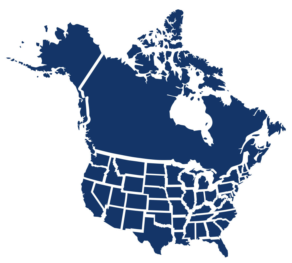 A dark blue map of the United States with individual states outlined and Canada.