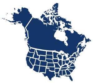 A dark blue map of the United States with individual states outlined and Canada.