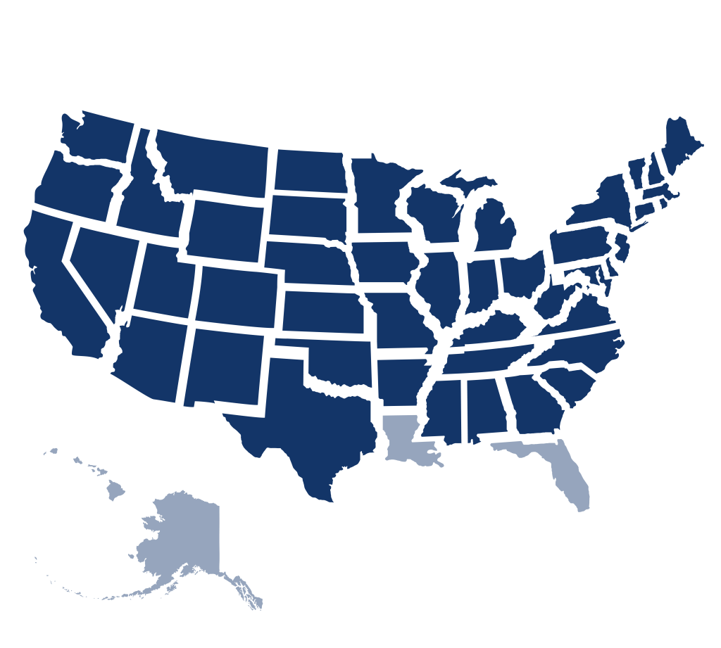 A stylized, navy blue map of the contiguous United States, showing state borders. Florida, Louisiana, Alaska, and Hawaii are not included.