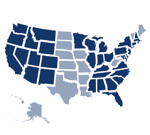 A stylized, navy blue map of the contiguous United States, showing state borders. Alaska, Hawaii, Maine, Vermont, Missouri, Louisiana, Arkansas, North Dakota, South Dakota, Nebraska, Kansas, and Oklahoma, are not included in this map.