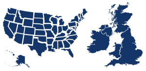 A dark blue map of the United States on the left, with individual states outlined. On the right, a dark blue map of Ireland and the United Kingdom, with their respective borders outlined.