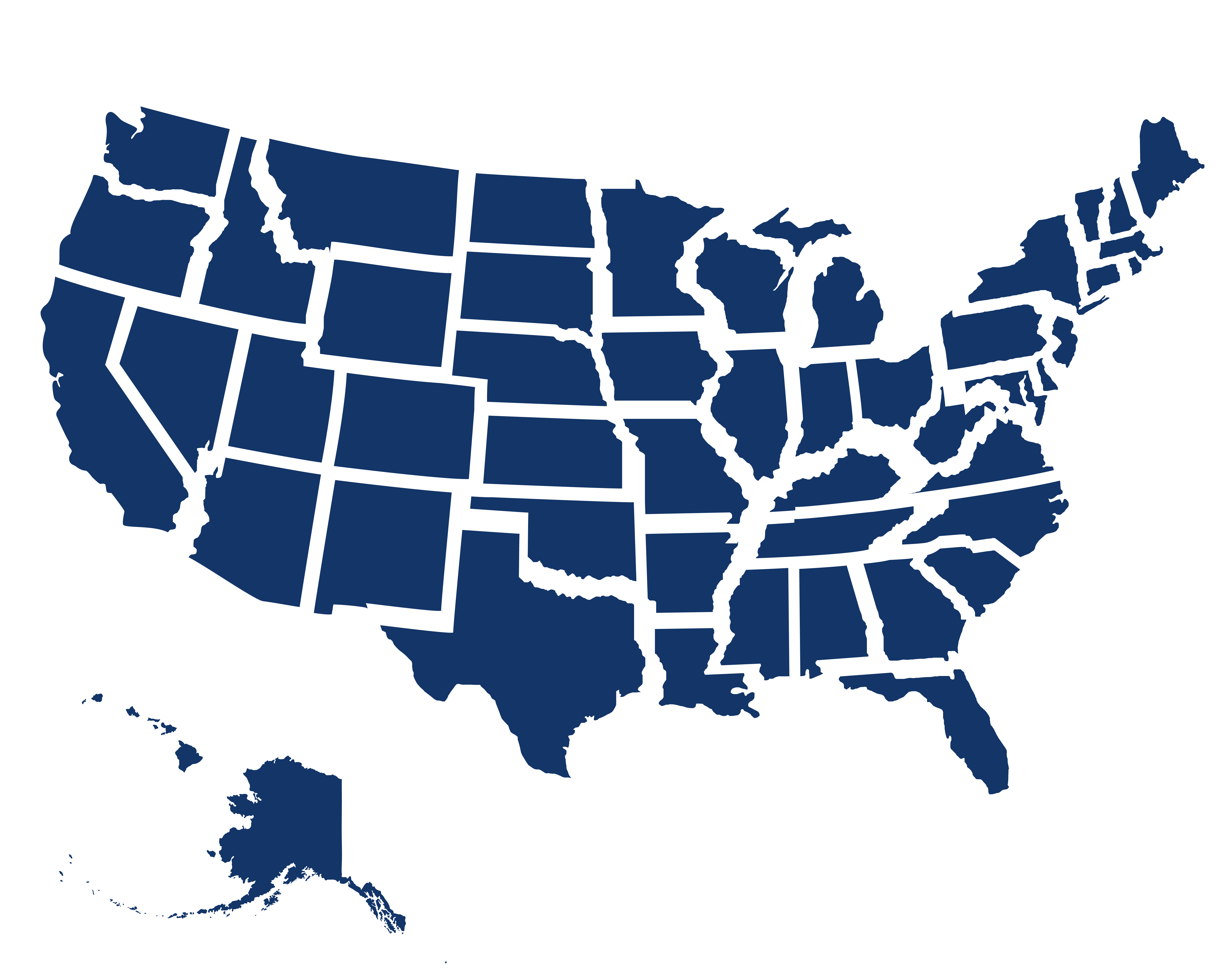 A stylized, navy blue map of the contiguous United States, showing state borders with Alaska and Hawaii.